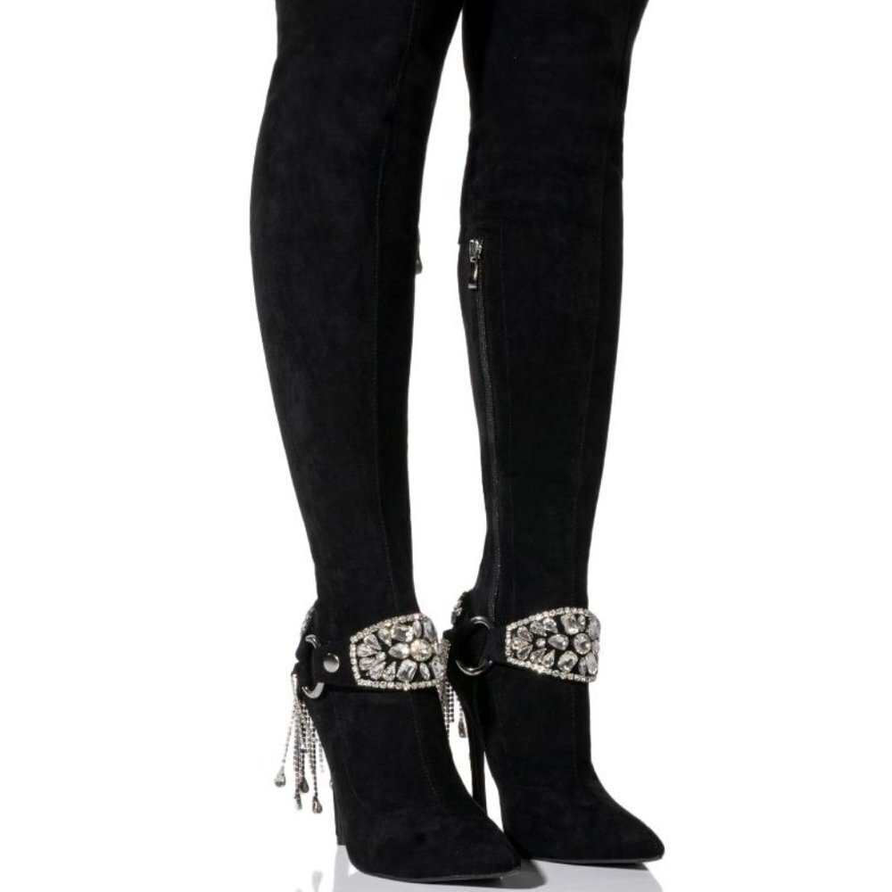 AZALEA WANG " SADDLE UP PRETTY "KNEE HIGH RHINESTONE FRINGE / BLACK (BRAND NEW!)
